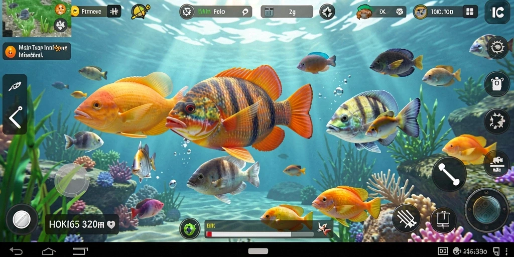 Tampilan gameplay HOKI65 saat menangkap ikan dengan alat pancing.