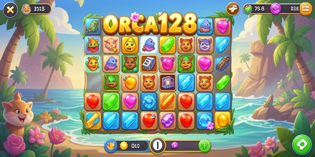 Screenshot utama ORCA128 menampilkan gameplay match-3 yang dinamis dan penuh warna.