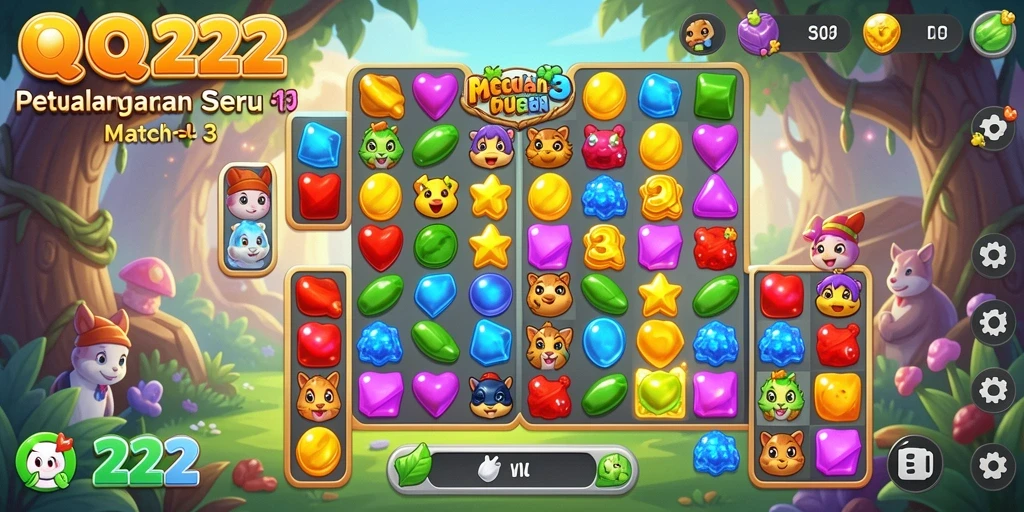 Gameplay seru QQ222 dengan tantangan Match-3 yang menarik.