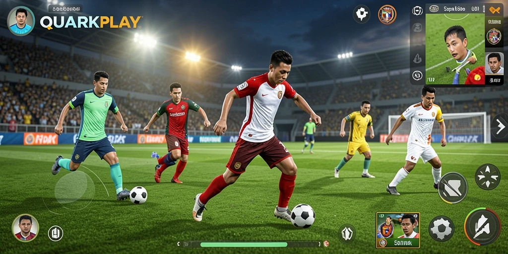 Screenshot dari gameplay QUARKPLAY yang menampilkan aksi sepak bola yang mendebarkan.