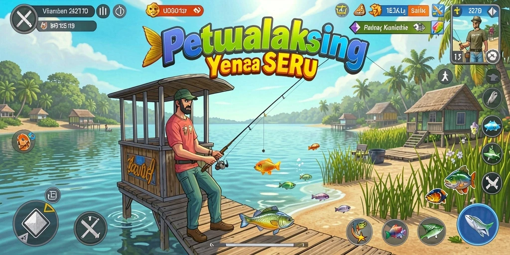 Screenshot V21 menampilkan gameplay seru saat memancing di danau.